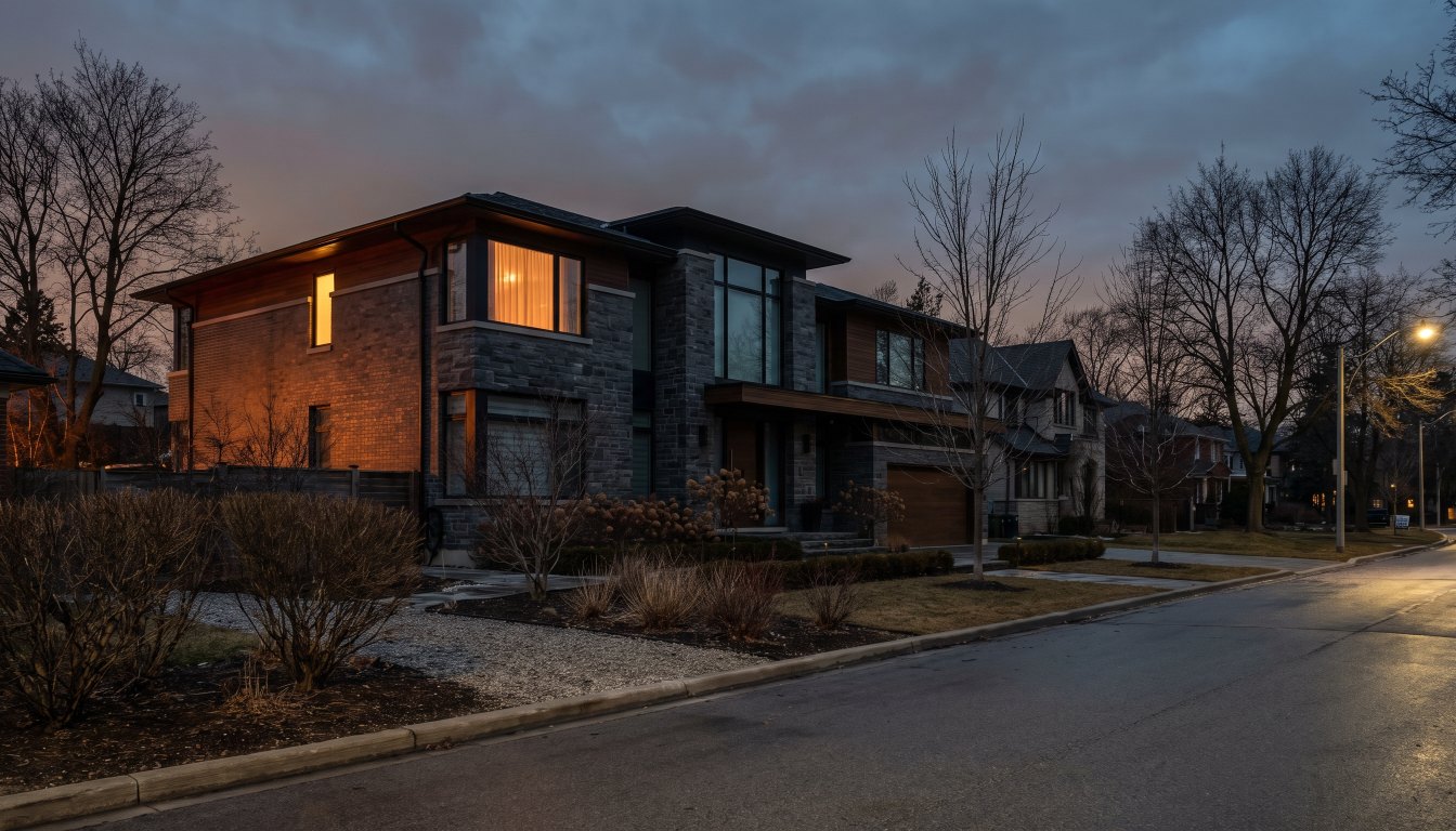 A Toronto luxury house at dusk with one window lit and a bare front garden