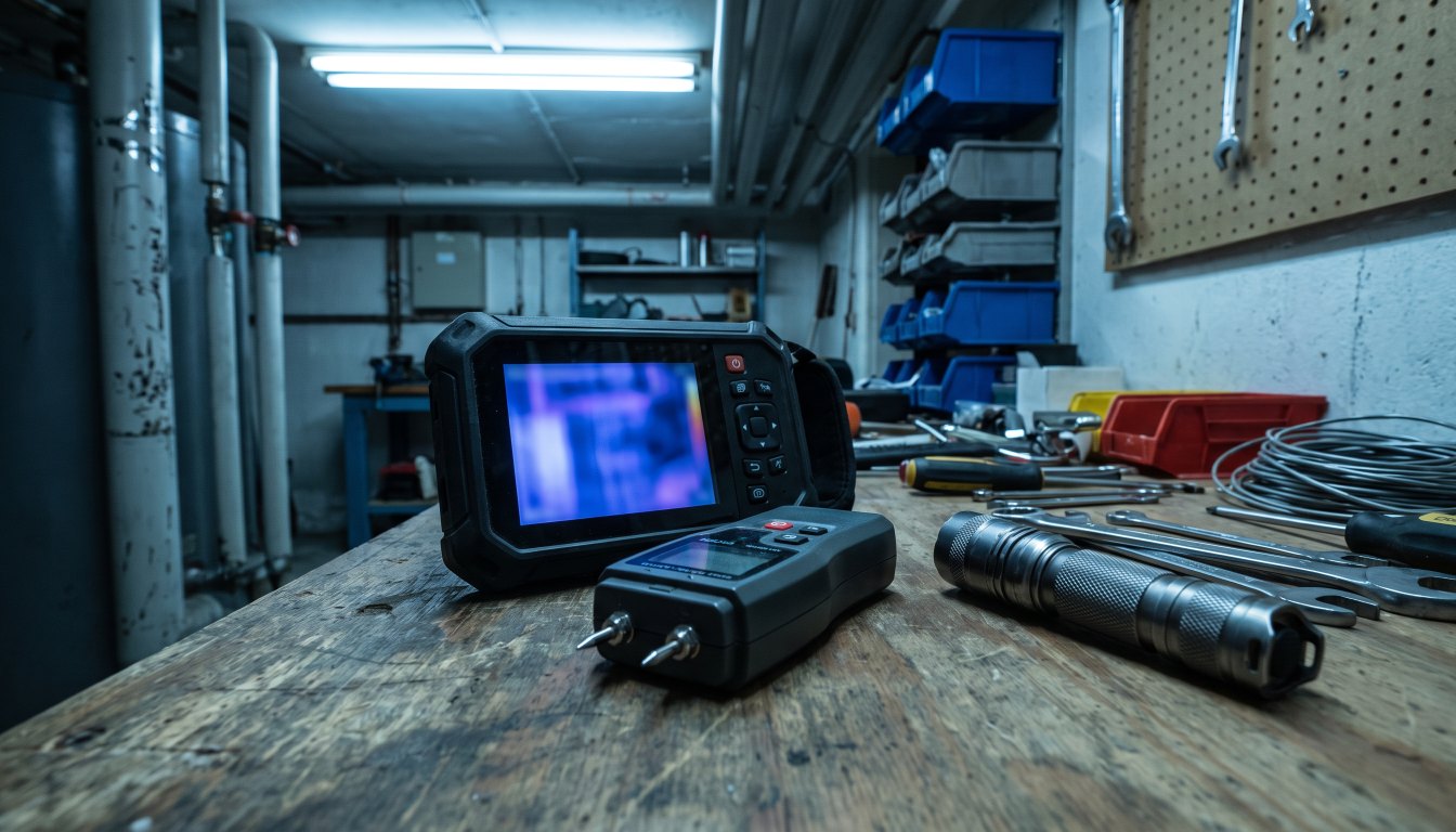 A thermal imaging camera, moisture meter and flashlight laid out on a workbench