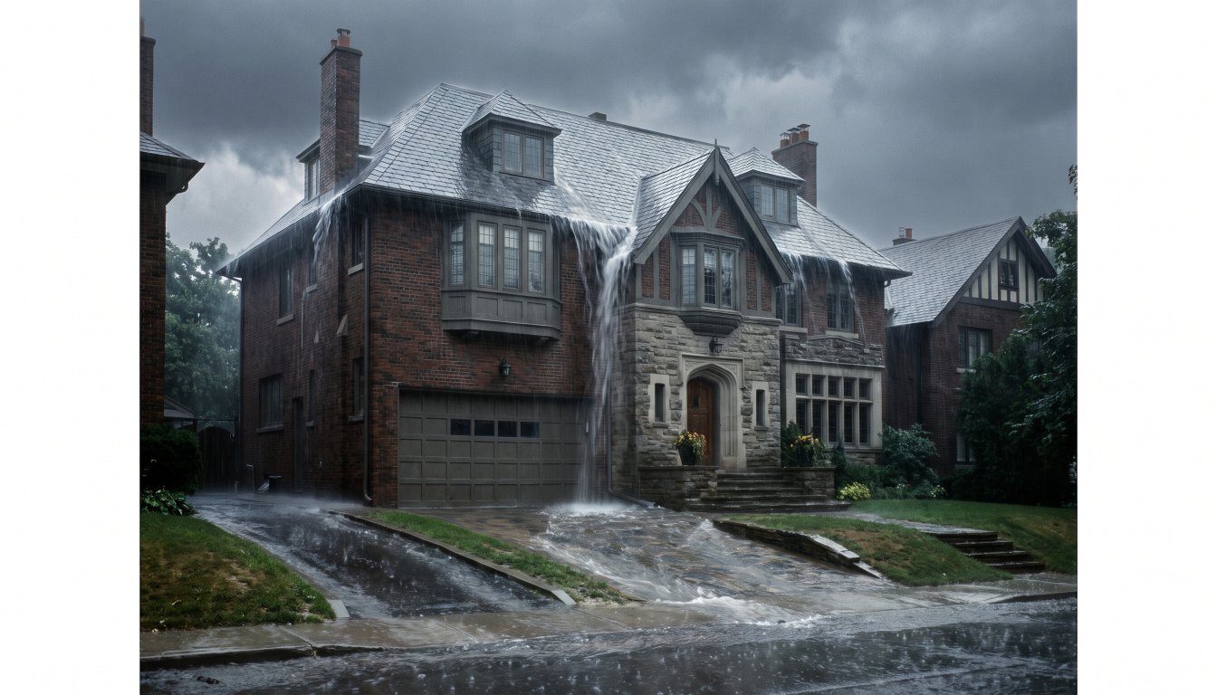 A large Toronto house in heavy rain with water running off the roof and driveway