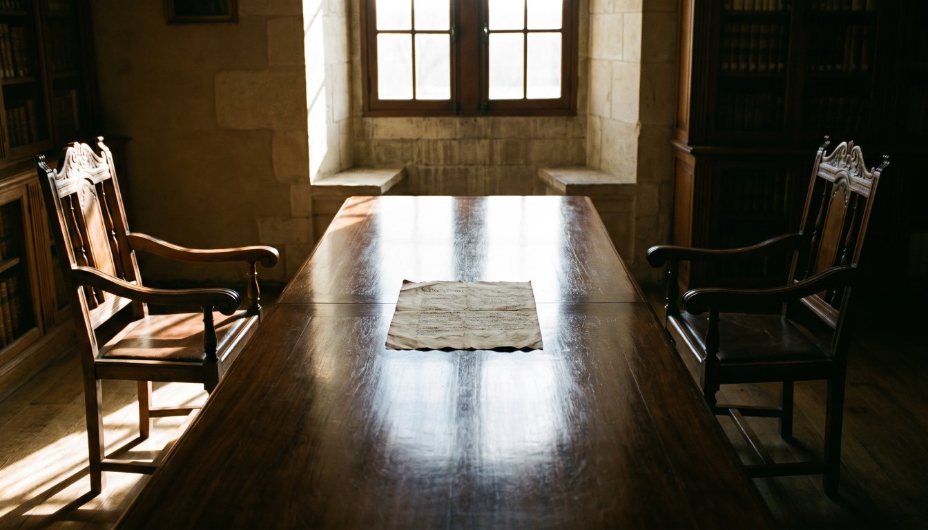 Two chairs on opposite sides of a polished dark table with a single document between them
