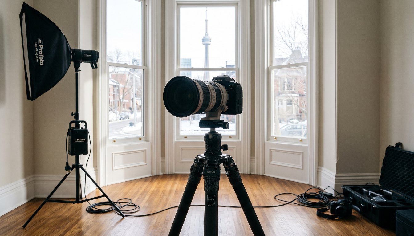 A professional camera on a tripod set up in an elegant empty Toronto living room