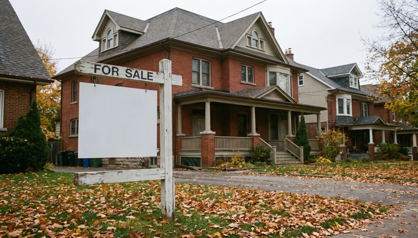 A for sale sign post with a blank panel on the lawn of a large Toronto house in autumn