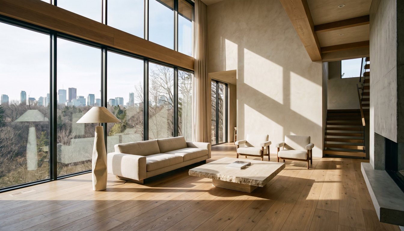 A double height living room with floor to ceiling windows in a Toronto luxury home