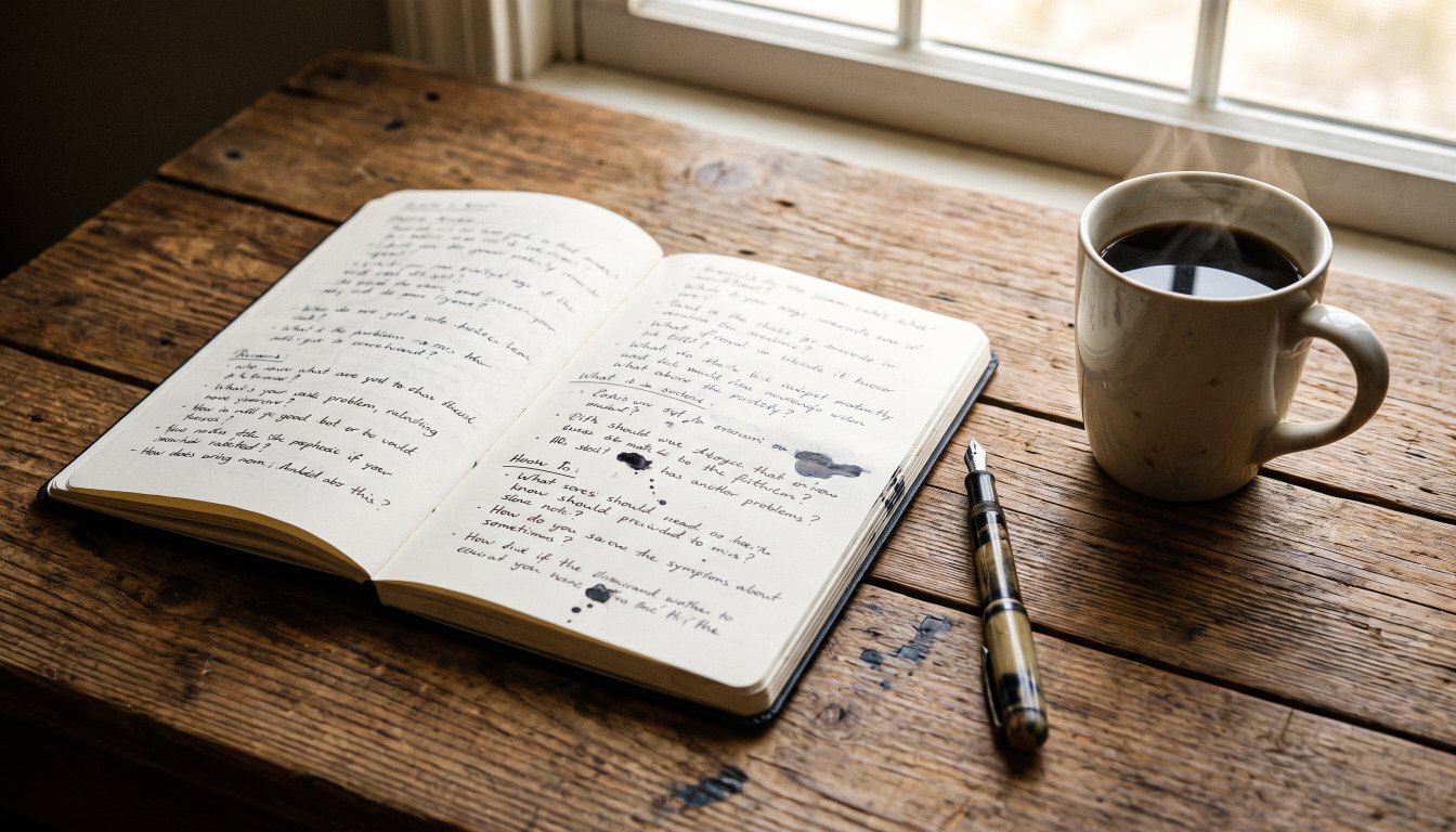 An open notebook of handwritten questions beside a pen and a cup of coffee on a wooden desk