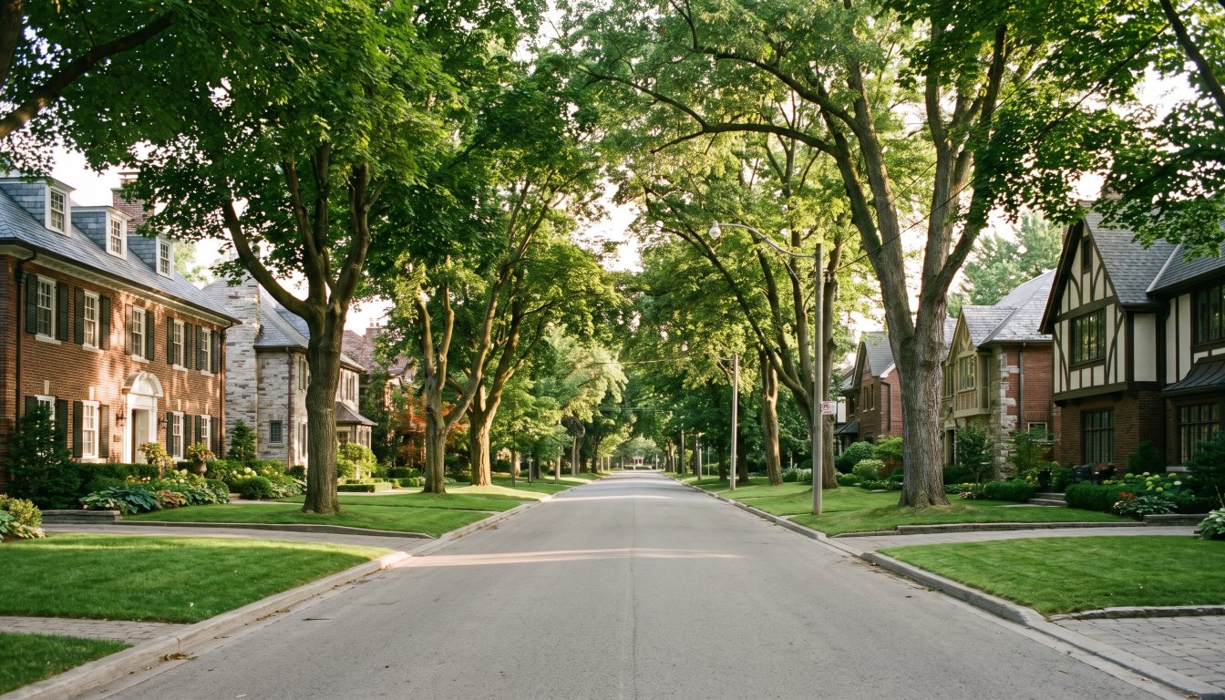 Large Georgian and Tudor houses with manicured gardens on a wide Toronto street