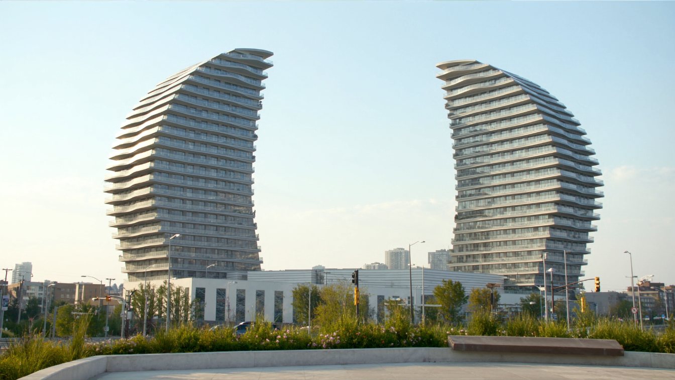 Two very tall glass residential towers with wavy white horizontal balcony bands rising over a new urban park (illustrative)