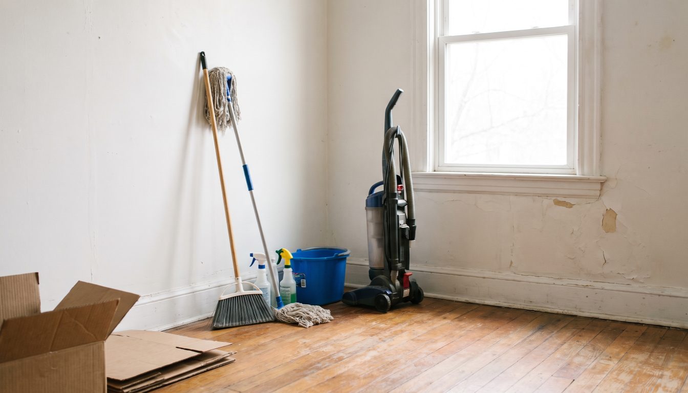 Empty living room on closing day with dust marks on the floor where furniture stood and holes left by a removed wall bracket