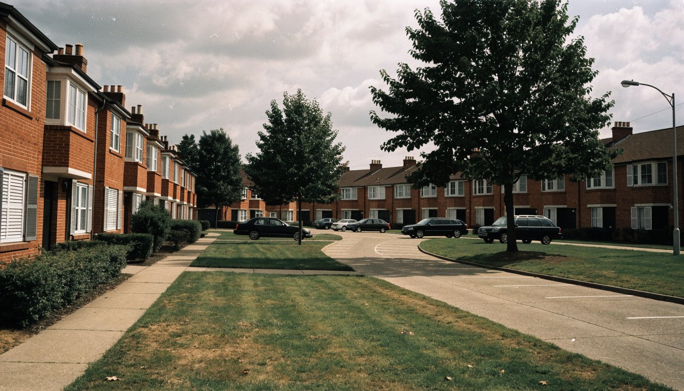 1970s suburban townhouse condominium enclave with red brick rows, wide lawns and visitor parking