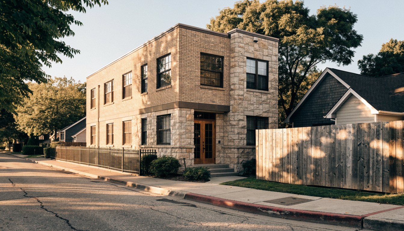 Small boutique low-rise condominium of large suites in brick and stone at a leafy suburban corner