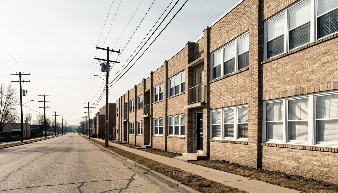 Mid 1970s two-storey buff brick townhouse rows along a wide suburban arterial road