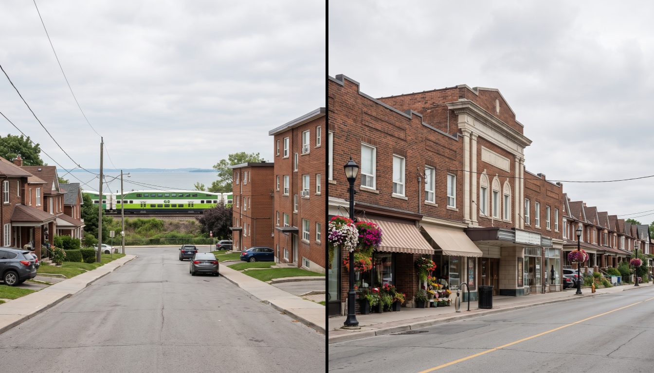 Brick houses and the Bloor Street shops of Bloor West Village beside the waterfront apartment towers of Mimico