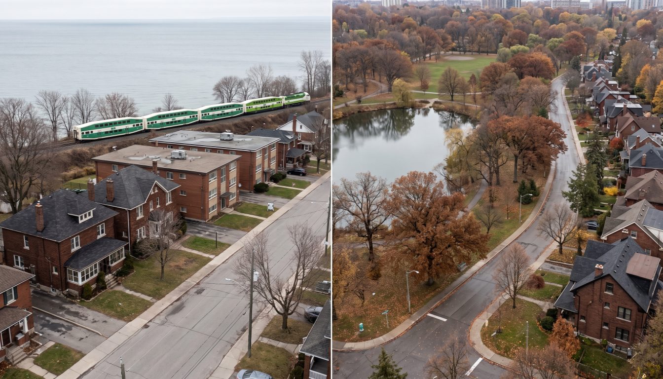Grenadier Pond and the wooded edge of High Park beside Swansea streets, contrasted with Mimico's lakefront apartments