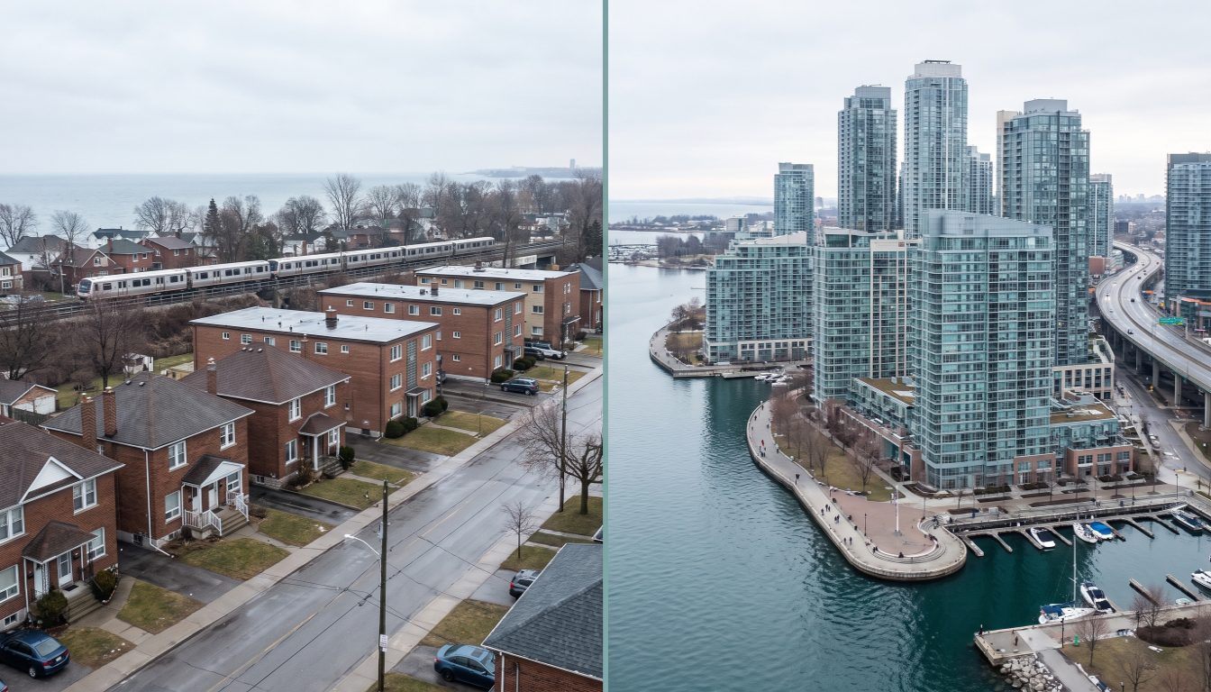 Condo towers on Marine Parade Drive in Humber Bay Shores seen across the water from the older low-rise streets of Mimico