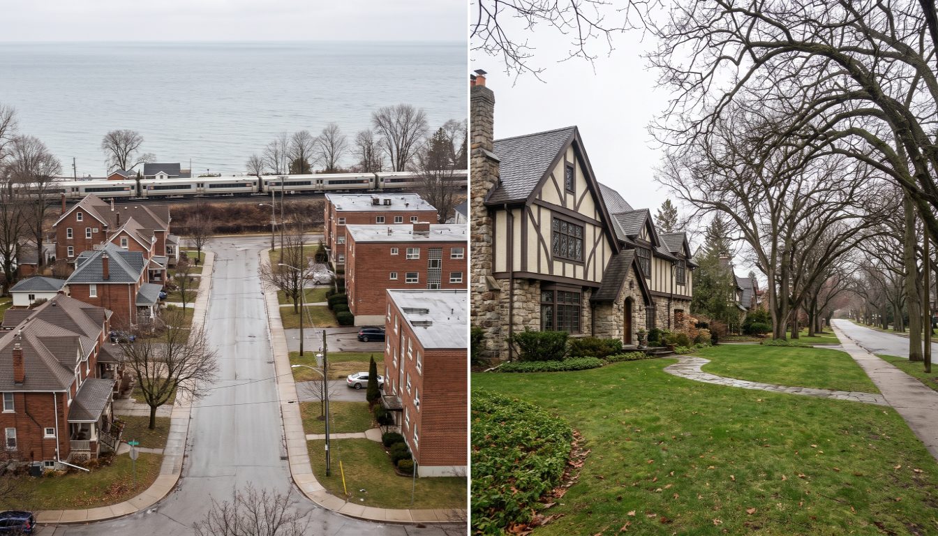 Sandstone Arts and Crafts houses on a leafy Kingsway street beside the older low-rise streets and lakefront of Mimico