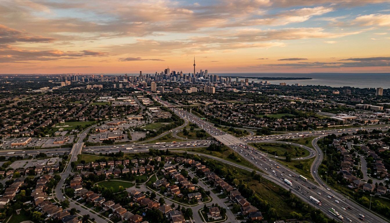 GTA suburbs and highways at sunset with the Toronto skyline and lake beyond (illustrative)