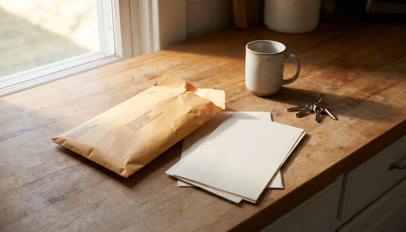 A property tax notice envelope and papers on a kitchen counter beside house keys