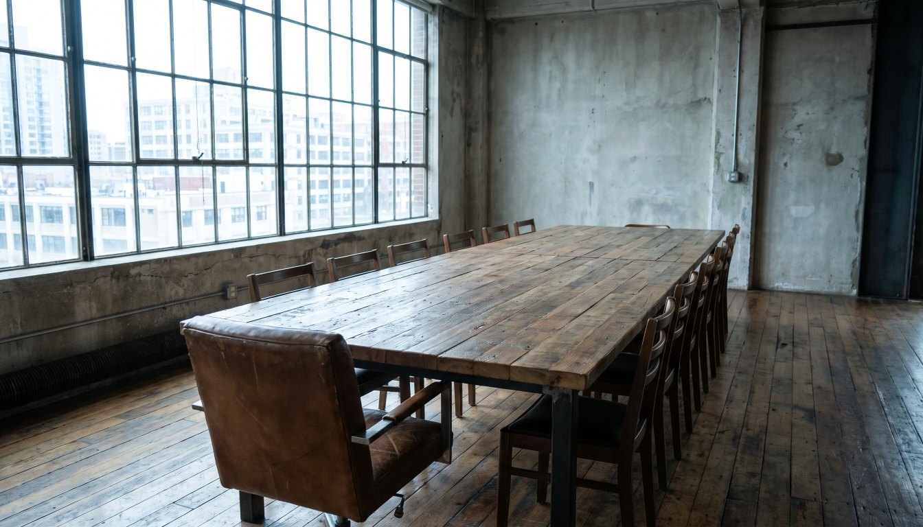 A single empty chair at the head of a long meeting table with chairs on both sides