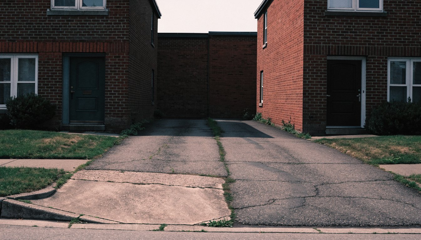 A single shared asphalt driveway between two semi-detached brick houses in west Toronto