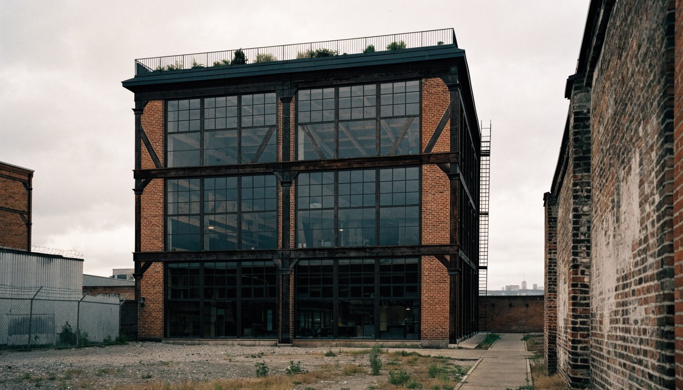 Former warehouse converted to hard lofts with two-storey window walls on former industrial lands