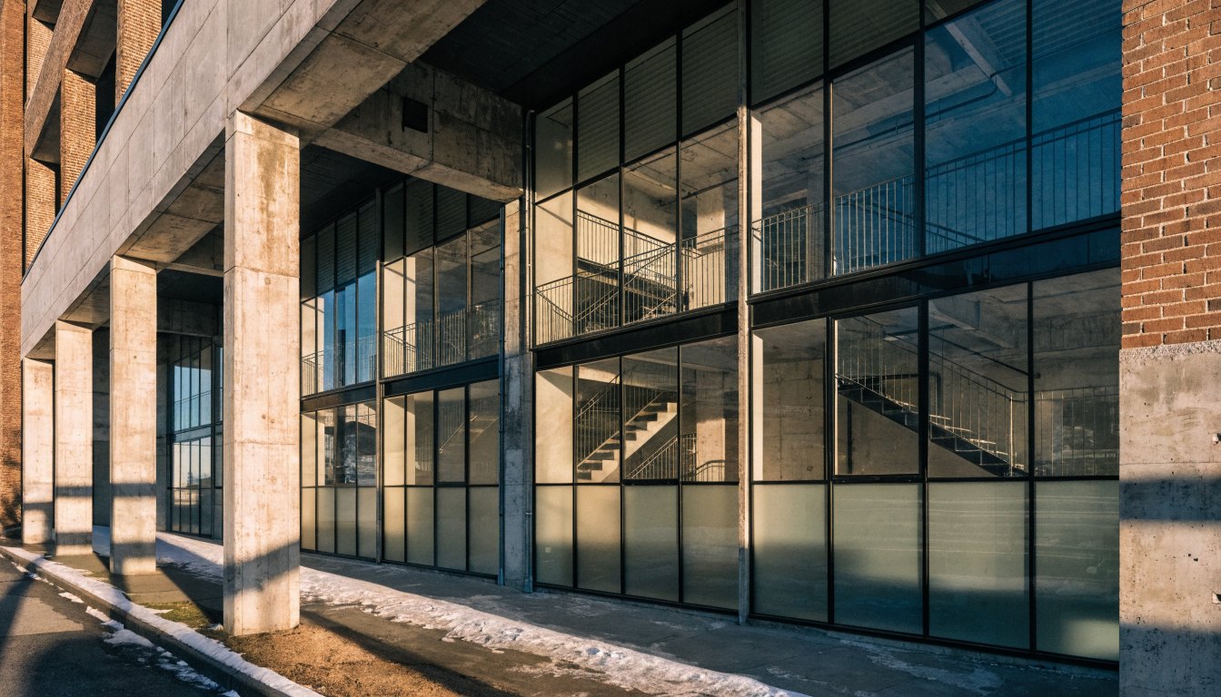 Converted mid-century office building with tall industrial windows now used as loft condominiums