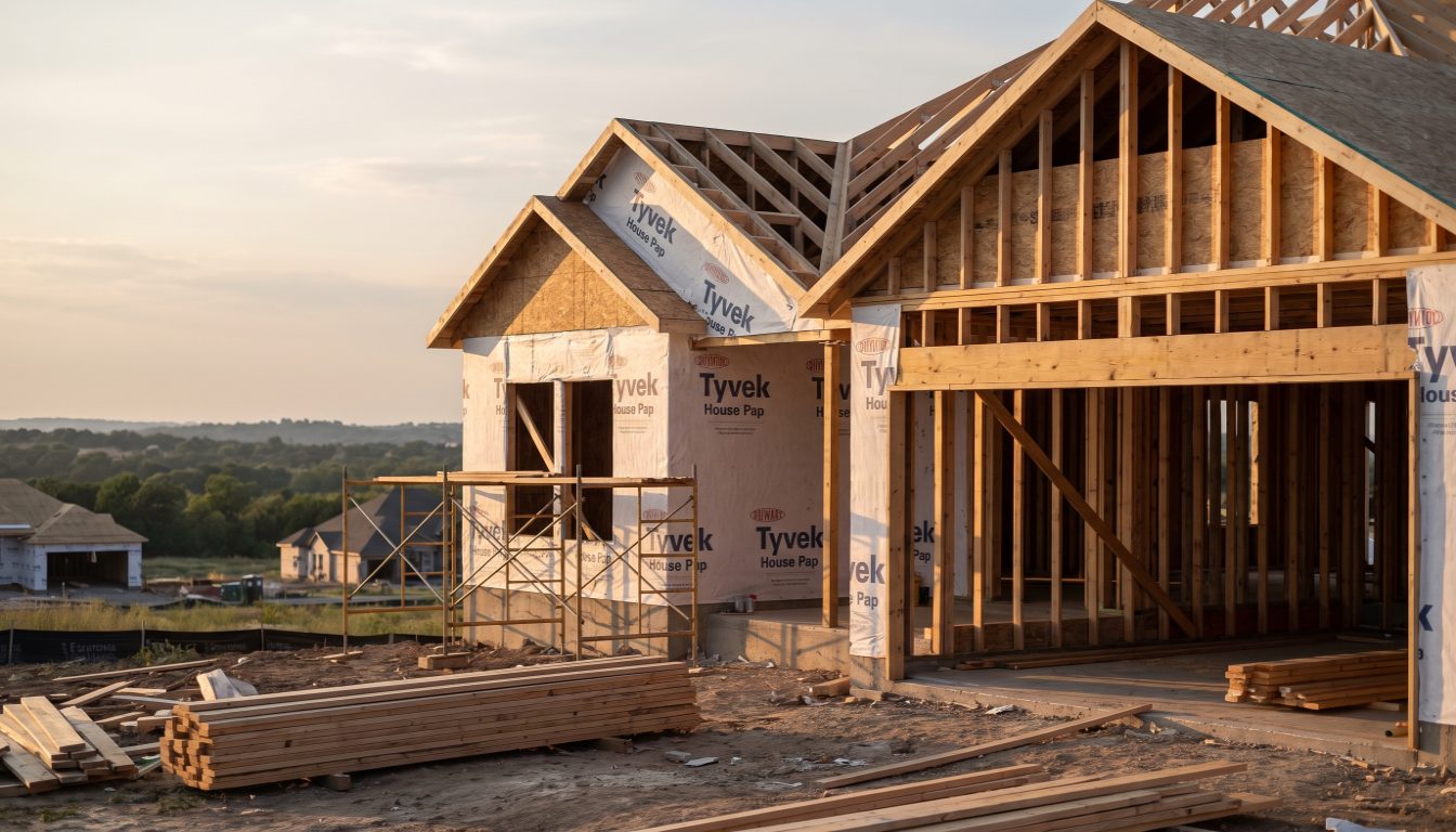 Partly framed new detached home on a muddy Ontario subdivision lot with a builder sales trailer in the background