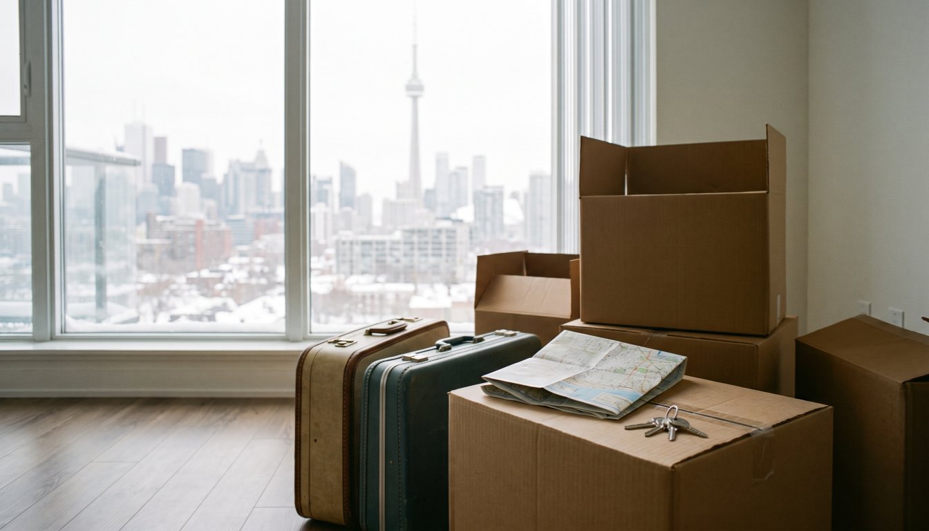 Moving boxes and new keys in an empty Toronto condo with the skyline beyond