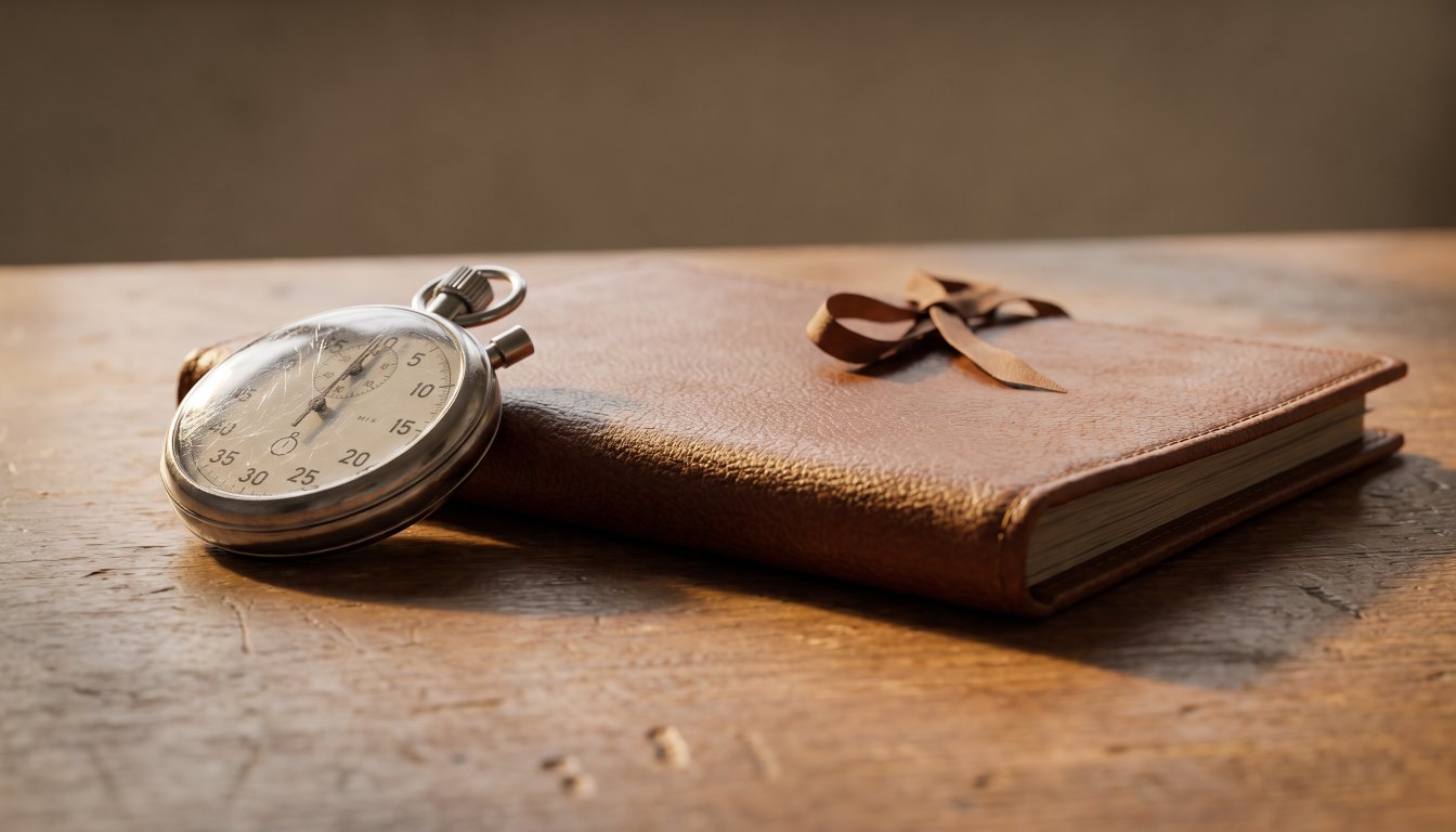 A stopwatch and a closed contract folder side by side on a plain desk