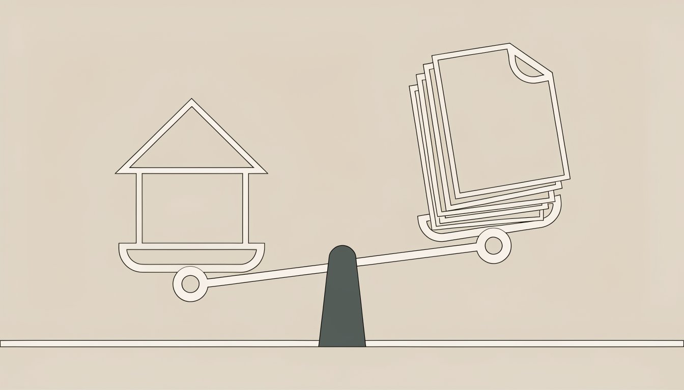 Flat vector illustration of a house on one pan of a balance scale outweighed by a stack of documents on the other