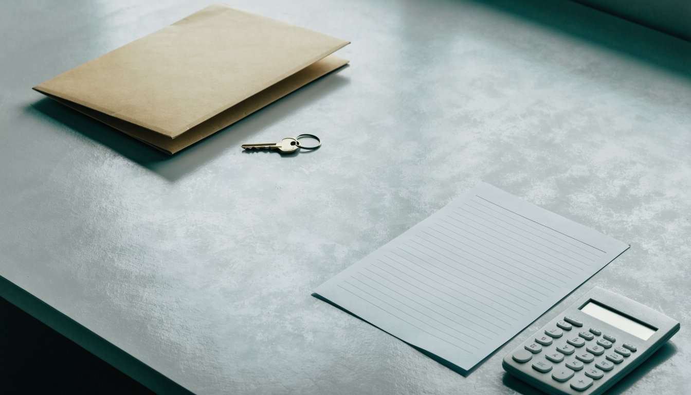 A brass key and closed folder on a desk, illustrating non-resident landlord withholding on Canadian rental income.