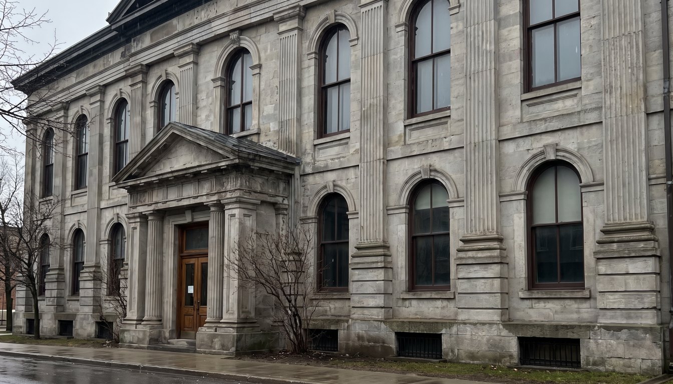 A stone Ontario government building facade with tall windows and columns