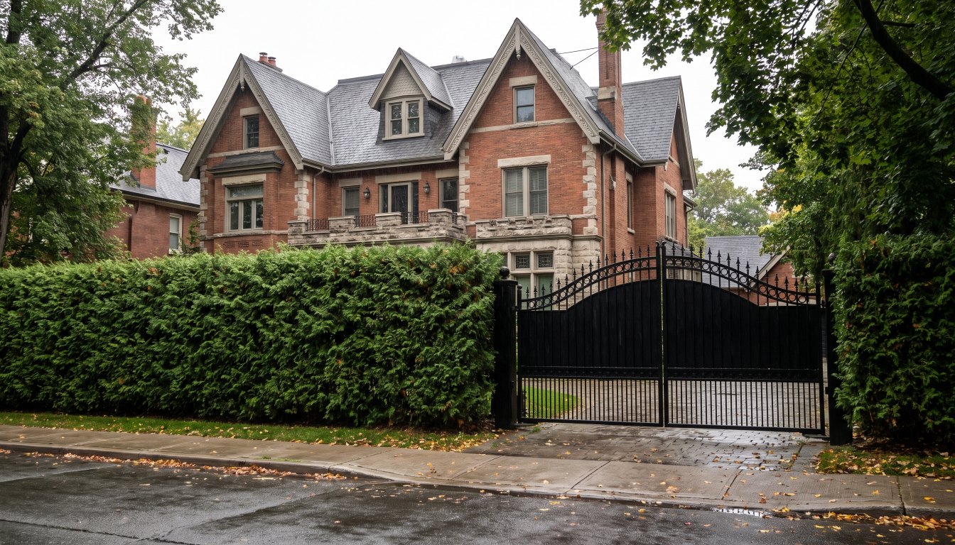 A large Toronto house behind a closed wrought iron gate and tall hedge seen from the street