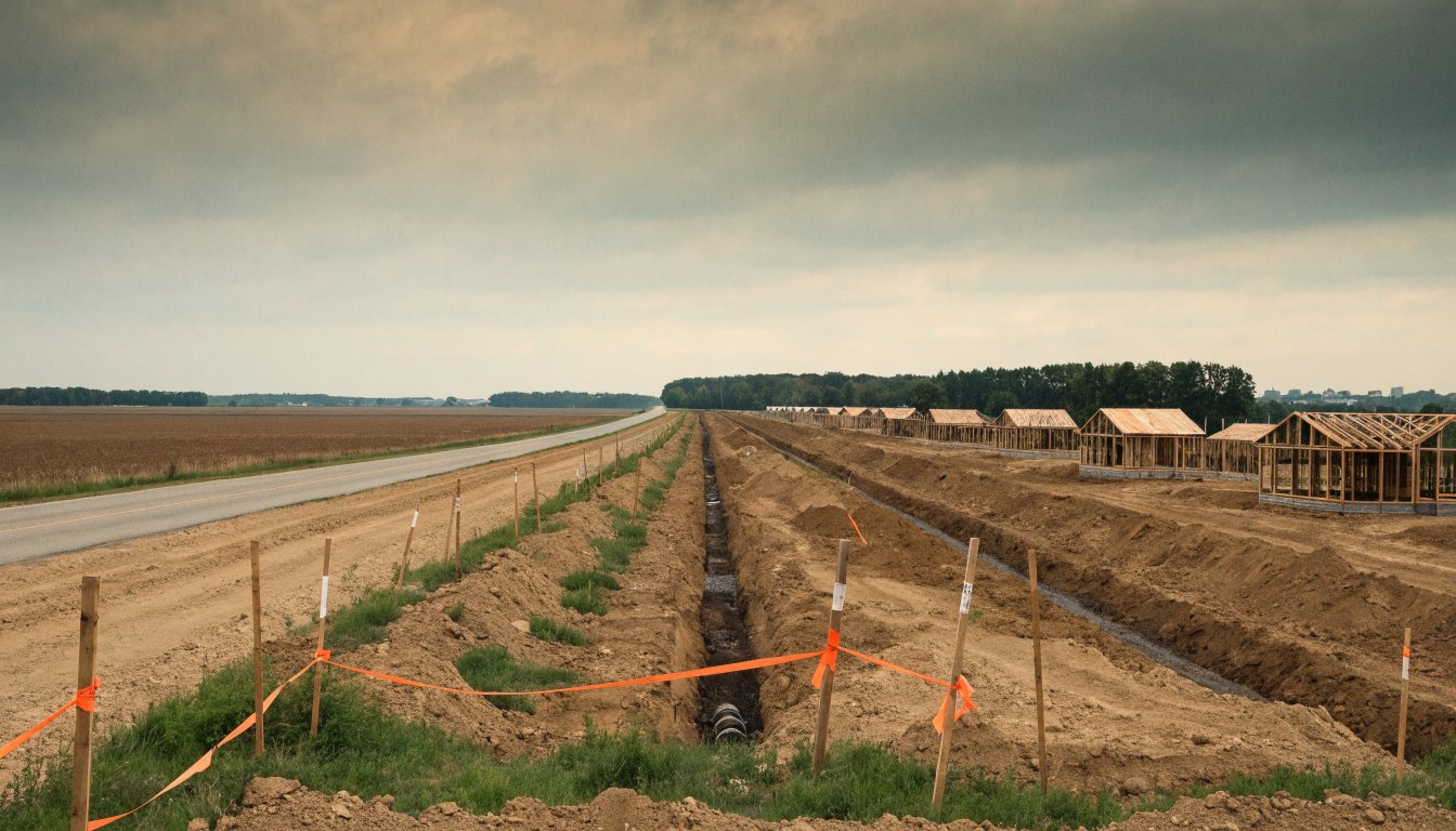 New house frames and graded lots at the edge of farmland north of Brampton, illustrating the Ontario Enhanced New Housing Rebate on new construction.
