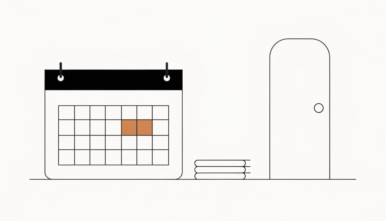 Flat vector illustration of a calendar page with one date marked in accent colour beside a stack of documents and a door outline