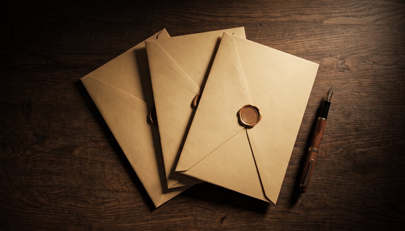 Three sealed plain envelopes fanned out on a dark wooden table beside a pen