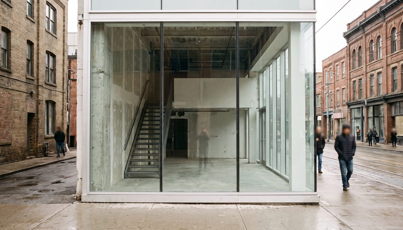 Empty ground-floor commercial unit with large storefront glazing on a Toronto main street