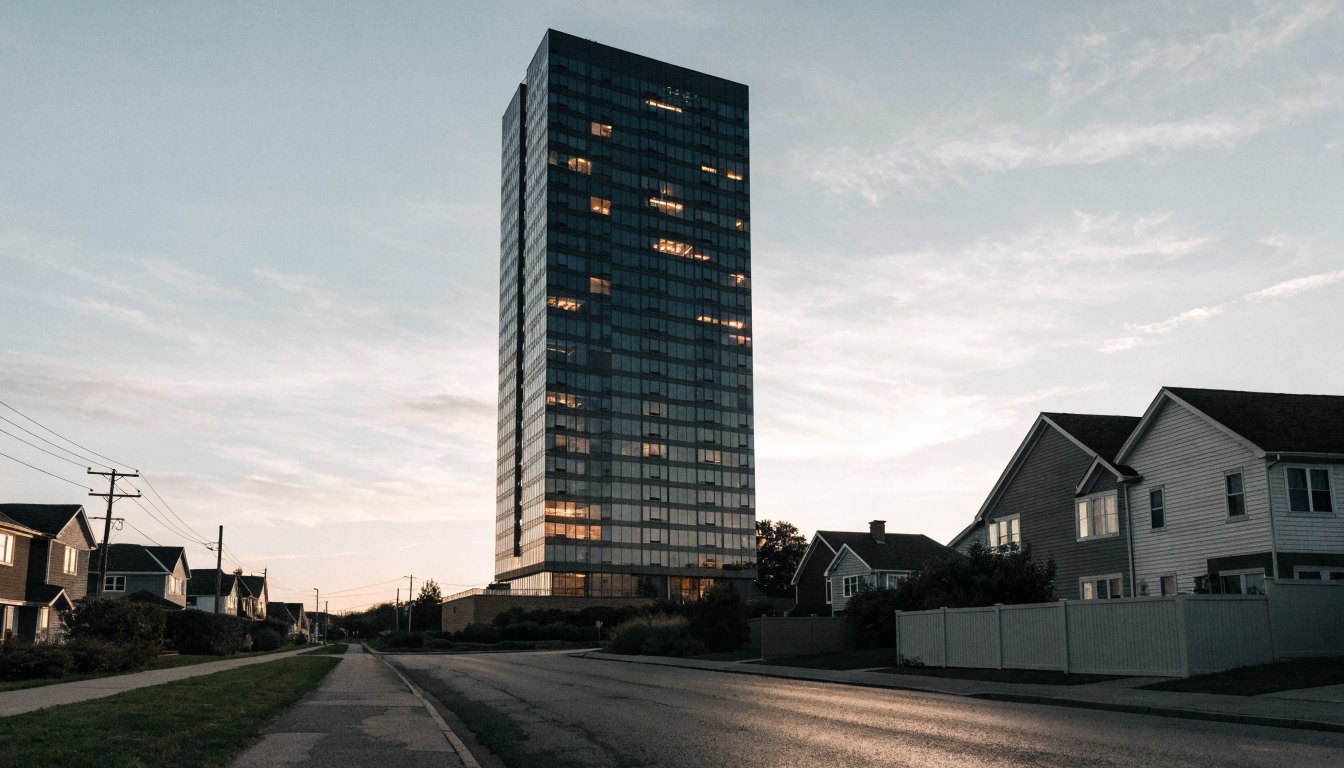 Thirty-storey glass residential tower rising from a landscaped podium at dusk