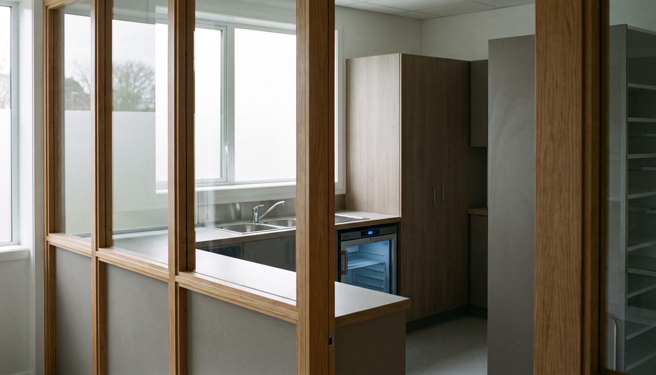Dispensary counter with double stainless sink, shelving and closed consultation room behind glass