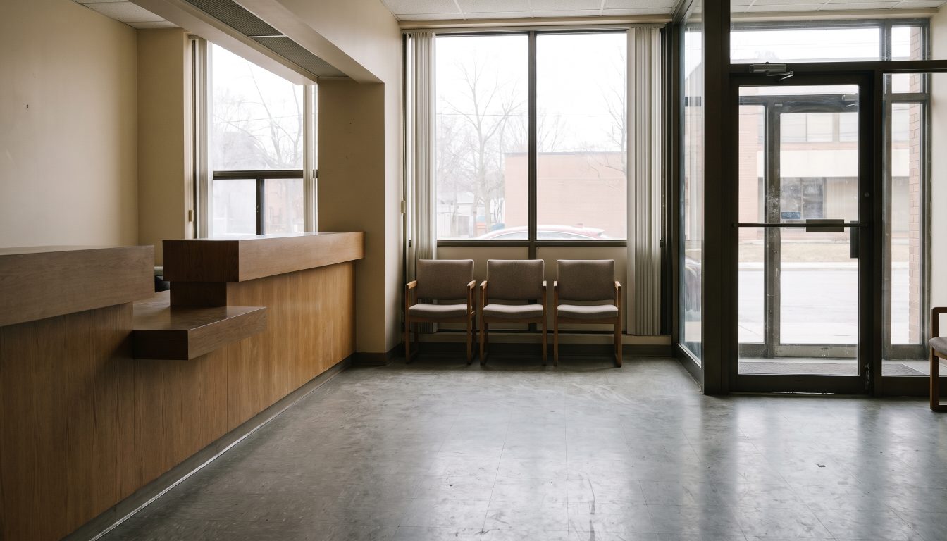 Empty clinic reception and waiting area with counter, seating and accessible entrance