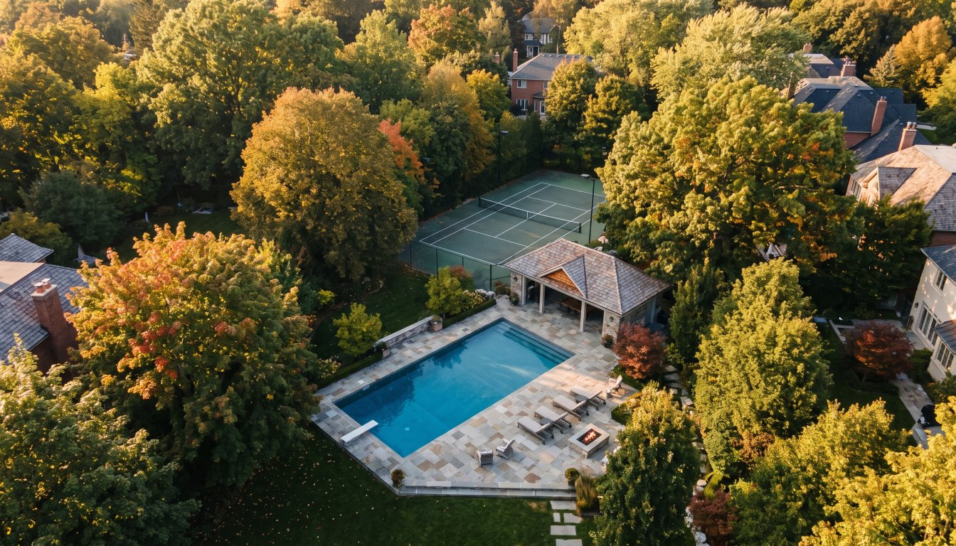 Aerial view of a Toronto backyard with a swimming pool, stone terrace and tennis court