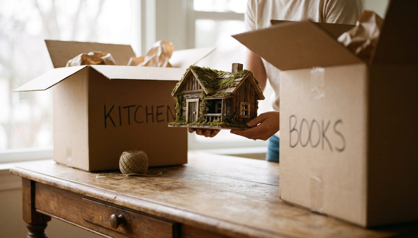 Small model house being moved between cardboard boxes on a table (illustrative)