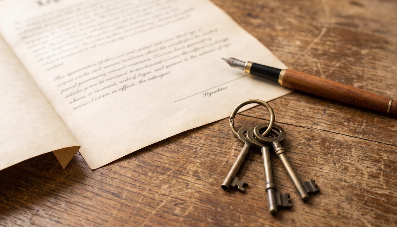 A signed legal document and a fountain pen beside a set of house keys on a desk (illustrative)