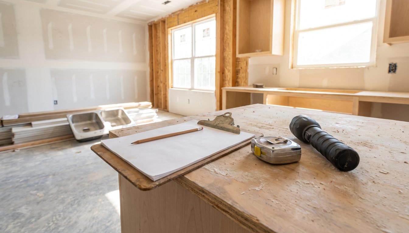 Clipboard and tools in a new unfinished home (illustrative)