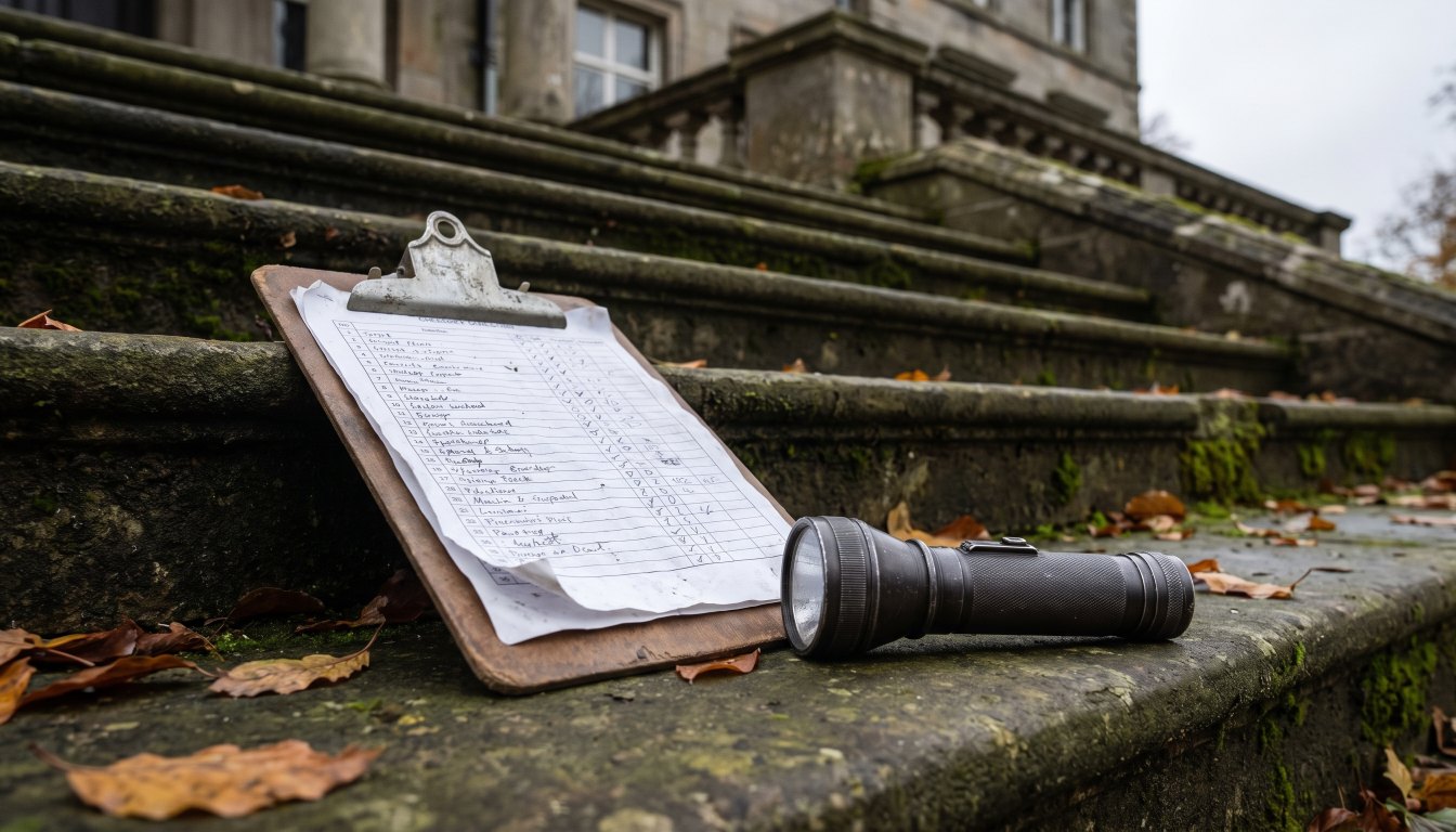 A clipboard, a flashlight and a checklist on the steps of a large house in overcast daylight