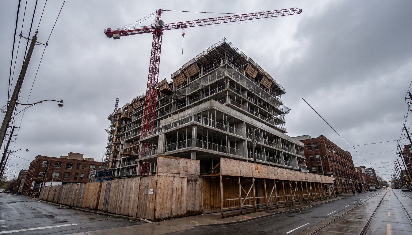A partially completed condominium tower in Toronto with a tower crane under grey sky