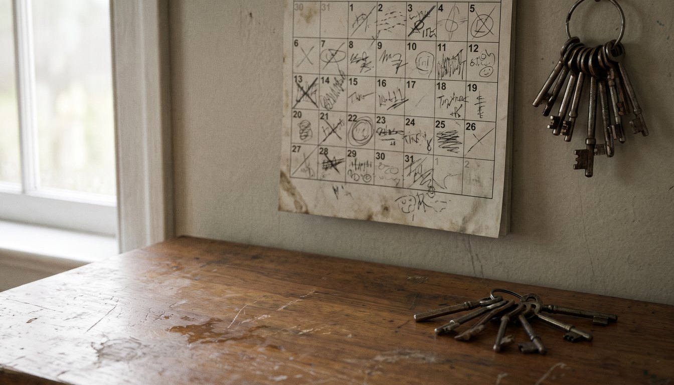 A wall calendar beside a set of keys on a plain desk in soft daylight