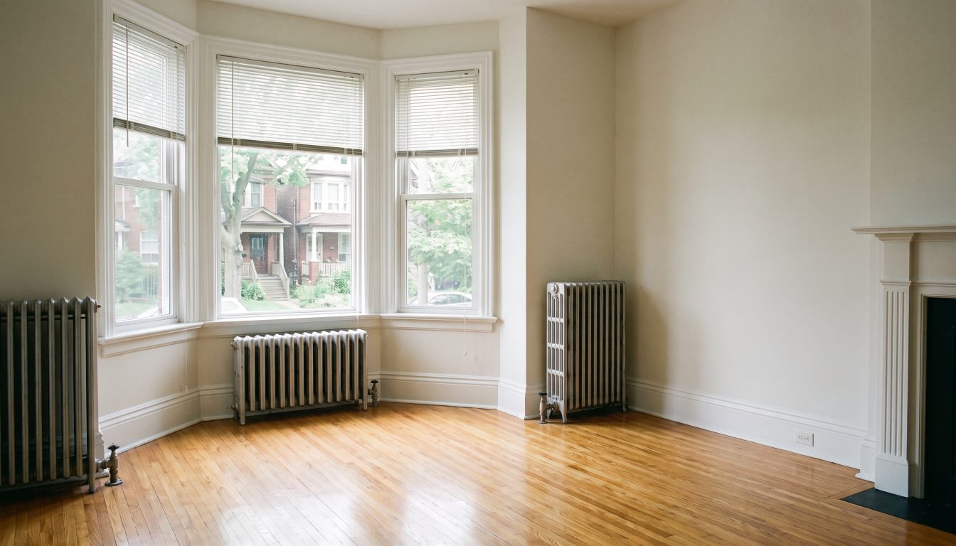 Empty freshly painted living room with clean floors and open blinds in an Etobicoke house (illustrative)