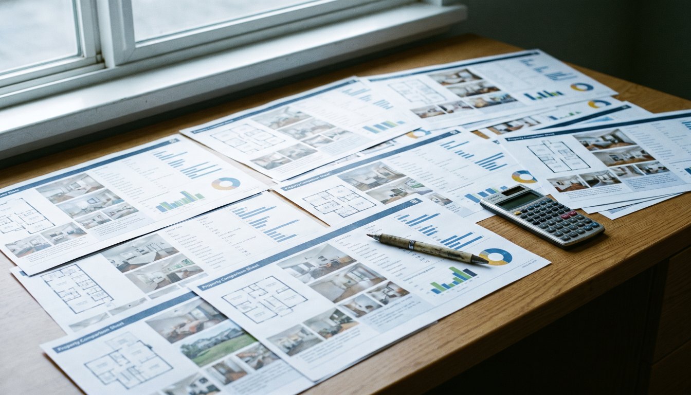 Printed property comparison sheets spread on a desk with a pen and a calculator