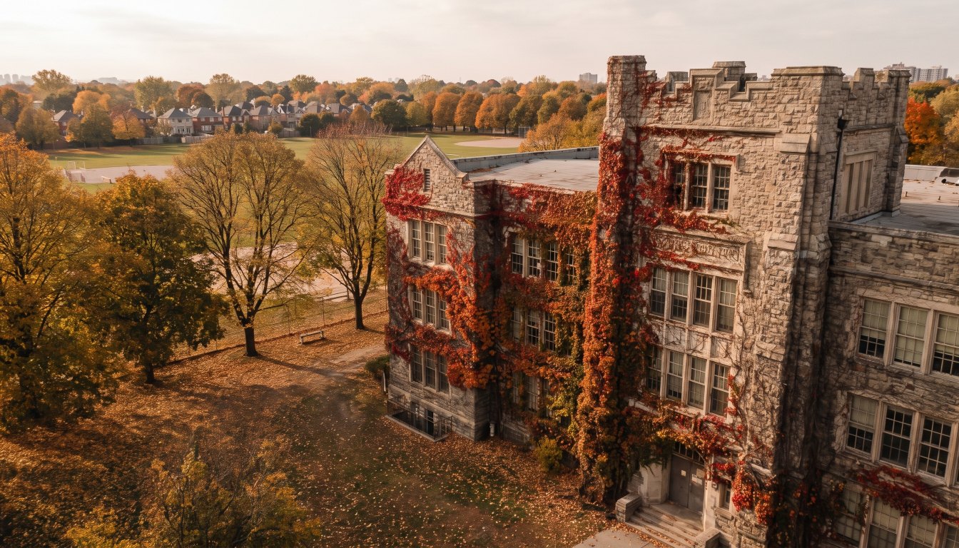 An ivy covered stone school building with playing fields behind mature trees in Toronto