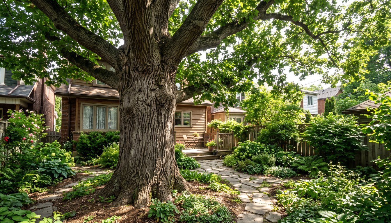 A very large mature oak tree in a Toronto residential back garden in dappled summer light