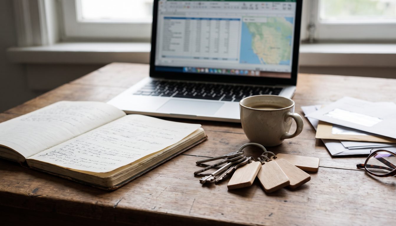 A desk with keys and a laptop for managing rentals (illustrative)